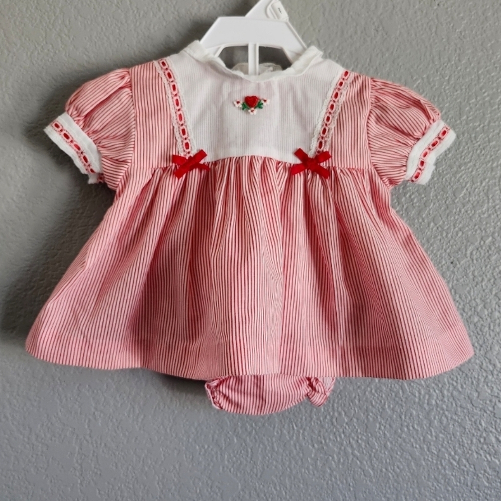 Vintage Girls Red Striped Dress and Bloomers 6 Months